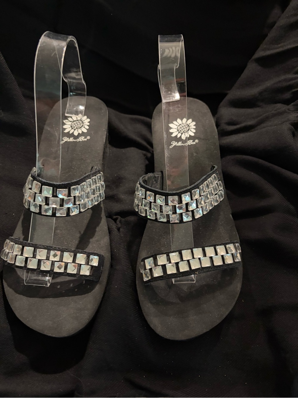 Yellow Box Black Sandals with Silver Mirror Studs
